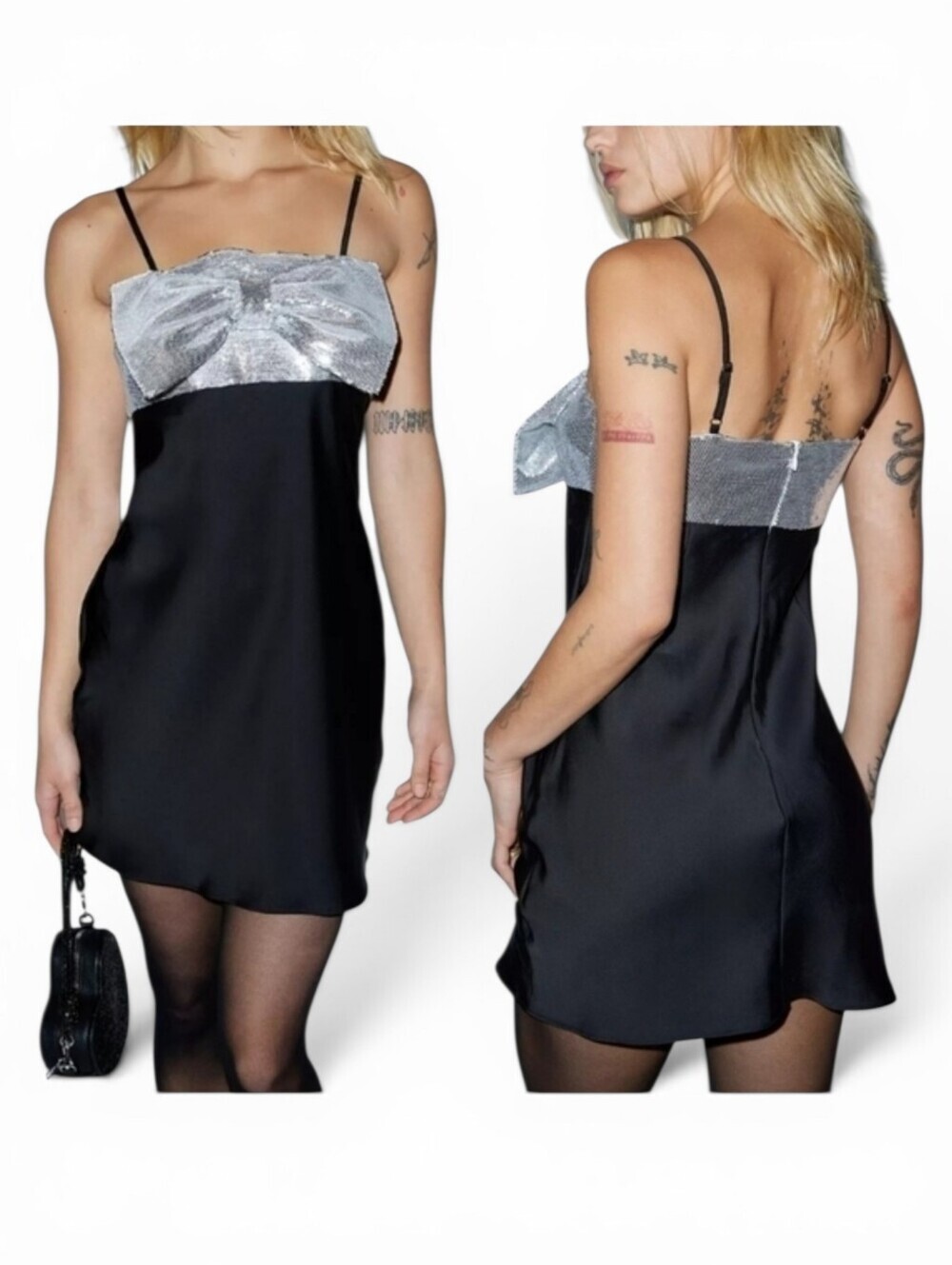 Urban Outfitters Glamorous Empire Bow Sequin Mini Dress in Black Silver Sz L NWT